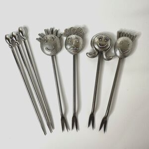 Vtg RobinWood Fondue Forks 7 Mid Century Faces & Cocktail Picks Hor d'oeuvres